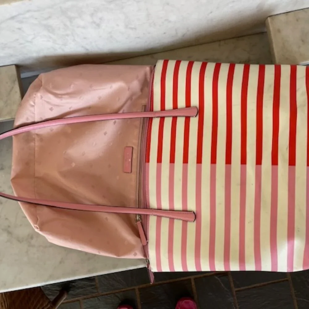 KATE SPADE New York Zina Red Pink White Stripe Large Coated Canvas Tote …